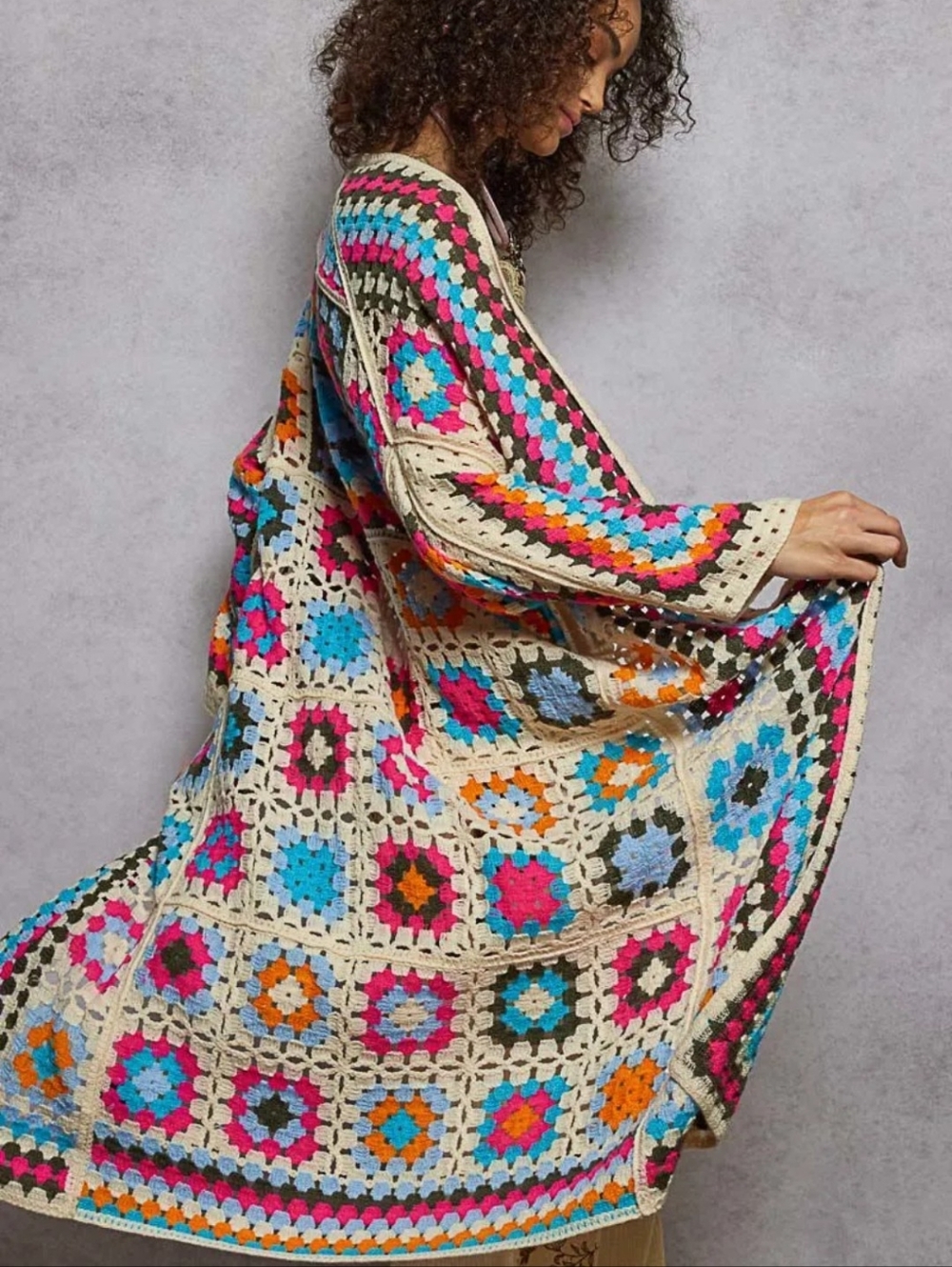 New Pol Boho Patchwork Knit Crochet Long Cardigan